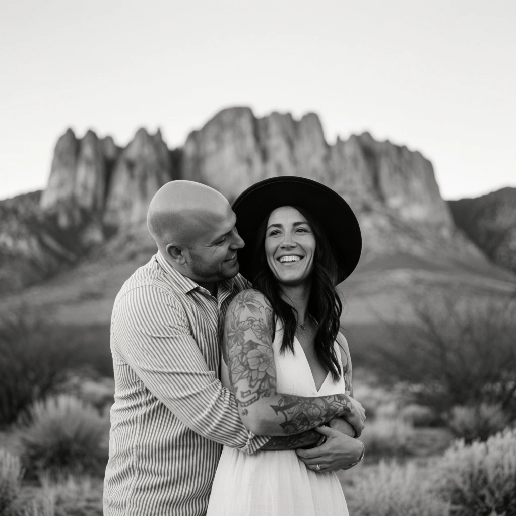 A bald man in a vertically striped shirt embraces a smiling woman with tattooed arms, a wide-brimmed dark hat, and a light dress. This black and white candid portrait features a background of rugged, out-of-focus mountain peaks and dry brush beneath a pale sky.