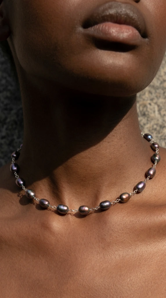 close-up of a dark-skinned neck and collarbone, delicate necklace of oval dark iridescent pearls, thin silver wire links, shimmering copper and aubergine hues, warm dramatic sunlight, deep shadow under the jaw, glowing skin highlights, lower face with full lips, textured gray stone background, fashion editorial macro photography, high contrast chiaroscuro, sharp focus on jewelry