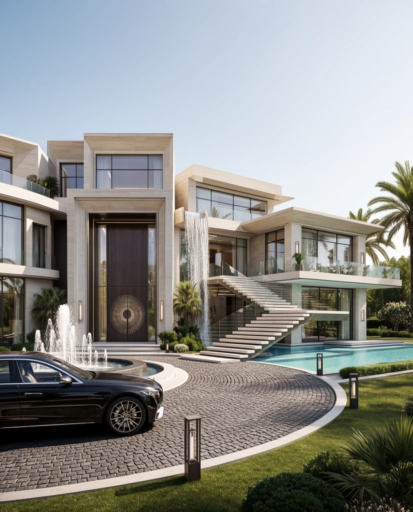 A sprawling modern luxury mansion features intersecting flat-roofed geometric volumes clad in light stone with floor-to-ceiling glass windows. In the foreground, a multi-tiered circular fountain sprays water near a sleek black luxury sedan parked on a curved cobblestone driveway. The grand entrance showcases a dark wood door with a radiating metallic circular design. To the right, a swimming pool with wide submerged steps connects to an exterior glass-railed staircase descending from a broad balcony, while an artificial waterfall cascades from the upper level. Manicured lawns, palm trees, and modern bollard lighting surround the estate. The photorealistic architectural visualization is illuminated by bright sunlight casting sharp shadows under a clear sky.