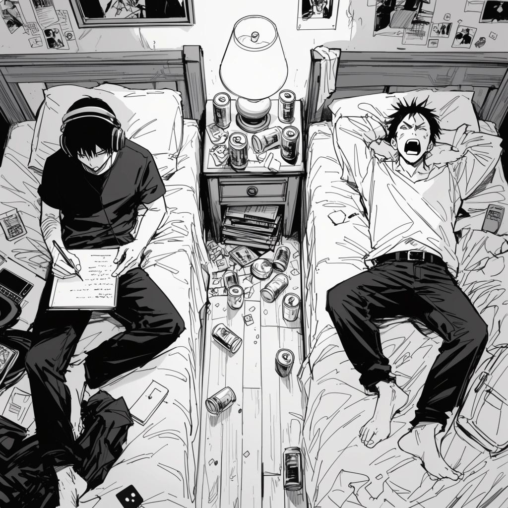 black and white manga illustration, two men on twin beds in a cluttered room, one focused writing with headphones, the other sprawled and shouting, nightstand between them, scattered cans, overhead perspective