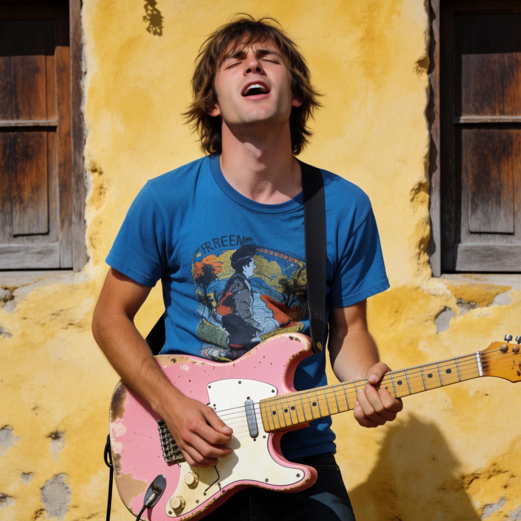 young man with shaggy brown hair playing a distressed pink electric guitar, blue graphic t-shirt, head tilted back singing, textured yellow stucco wall background, dark wooden windows, bright daylight, medium shot