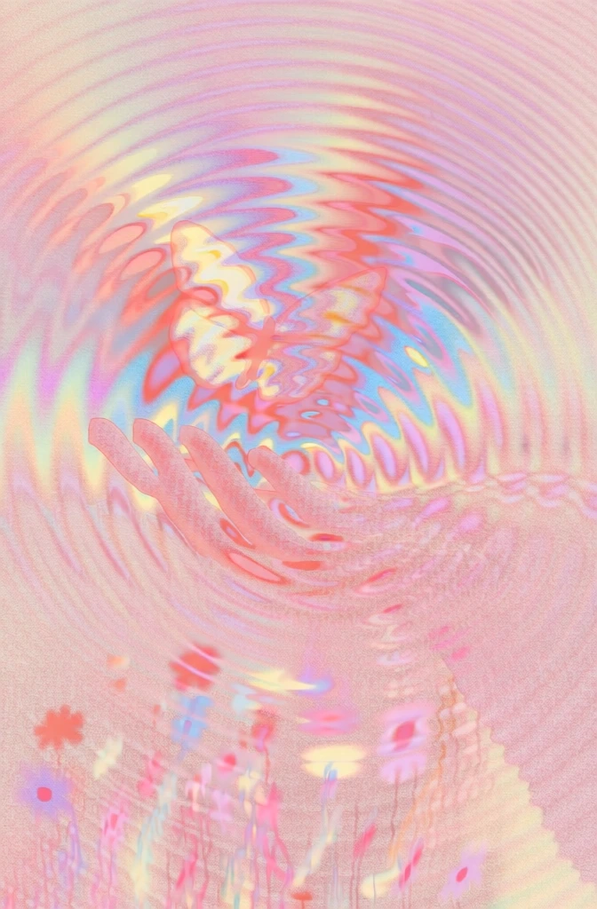 a butterfly hovering over an open hand with wildflowers below, rendered in heavy stochastic noise and sand-blasted grain, high-key pastel gradient palette of peach, lilac, cornflower blue, and lemon cream, concentric moiré ripples and rhythmic interference patterns distorting forms into soft silhouettes, diffused ethereal glow, overexposed dreamlike atmosphere, fluid edges without sharp lines, graphic risograph aesthetic, textured color field, non-representational impressionistic style