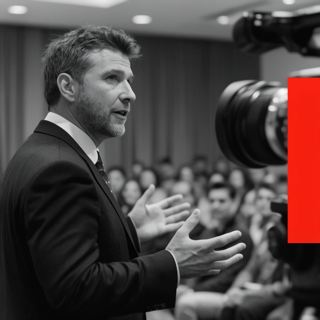 A grayscale photograph of a man in a dark suit gesturing with open hands toward a blurred seated audience. A camera lens occupies the right foreground, sharply accented by a bright red vertical rectangle breaking the monochrome palette. Shallow depth of field isolates the speaker in crisp focus.