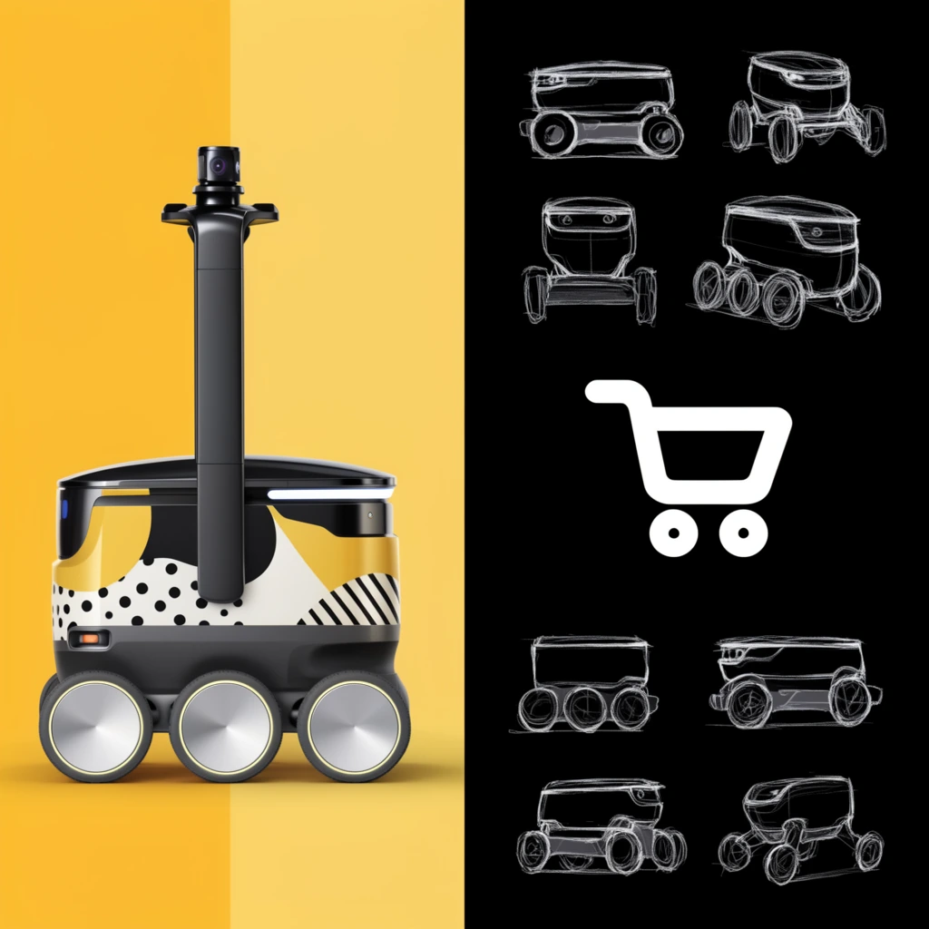 split-screen product design layout, left side features a polished four-wheeled delivery robot on a two-tone yellow background, large silver hubcaps, rectangular body with abstract yellow, black, white, and polka dot patterns, tall black sensor mast, right side features a solid black background centered with a thick white shopping cart icon, surrounded by six white line-art sketches of small wheeled rovers from various angles, contrasting high-fidelity 3D rendering with conceptual rough wireframes