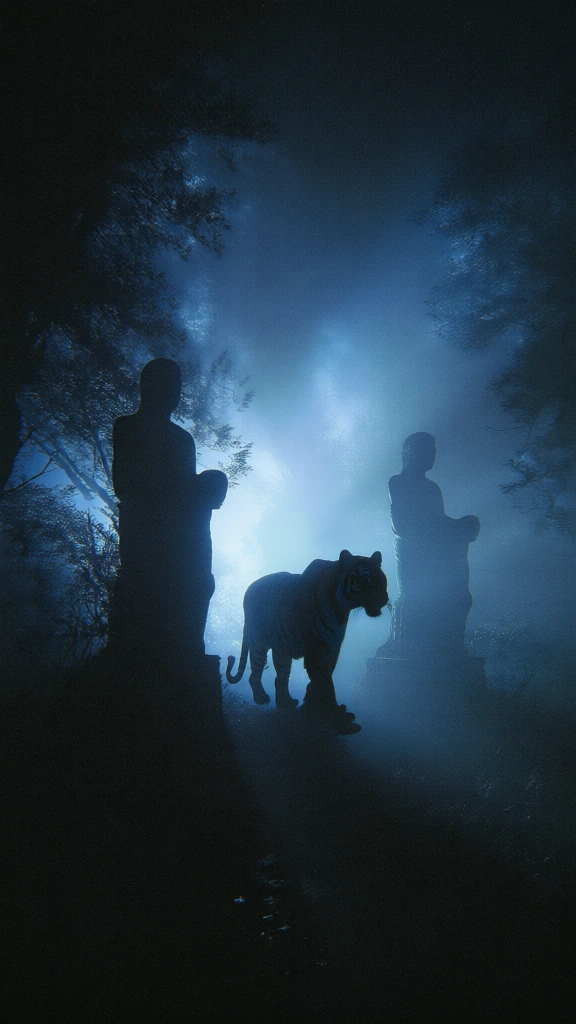 cinematic silhouette of two tigers beside two monolithic statues, dense atmospheric fog, ethereal volumetric backlighting in deep cyan and navy, monochromatic cool color grade, heavy 35mm film grain, underexposed low-key lighting, mysterious nocturnal setting, soft glow diffusion, gritty high-contrast shadows, vignetted vertical framing, moody haunting aesthetic, ethereal mist, tactile texture.
