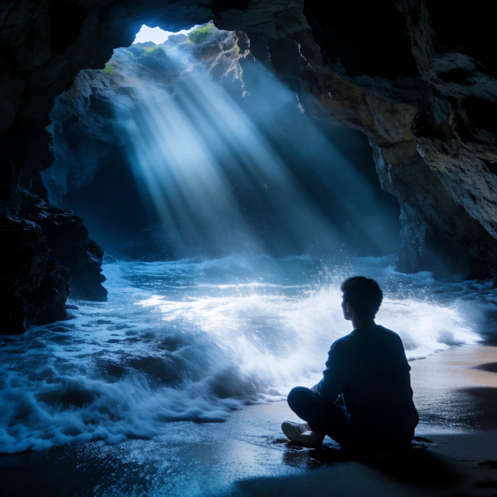 A silhouetted person sits cross-legged on the wet sand inside a dark sea cave, watching bright shafts of light illuminate the incoming waves. Positioned in the lower right foreground, the individual is seen from behind, their dark form contrasting against the luminous blue water. In front of the person, foamy white waves roll onto the shore, their textures accentuated by the overhead light. From an opening in the cave's ceiling, distinct beams of light descend through the air, creating a brilliant, glowing focal point on the water's surface in the middle ground. The cave walls, visible in the background and along the sides, are composed of dark, craggy rock that frames the central scene. The entire image is enveloped in a deep, cool blue color palette, with the brightest highlights found where the light beams strike the sea and the foam of the waves. The perspective is from a low angle behind the subject, capturing the dramatic interplay between shadow and ethereal light within the cavernous space.