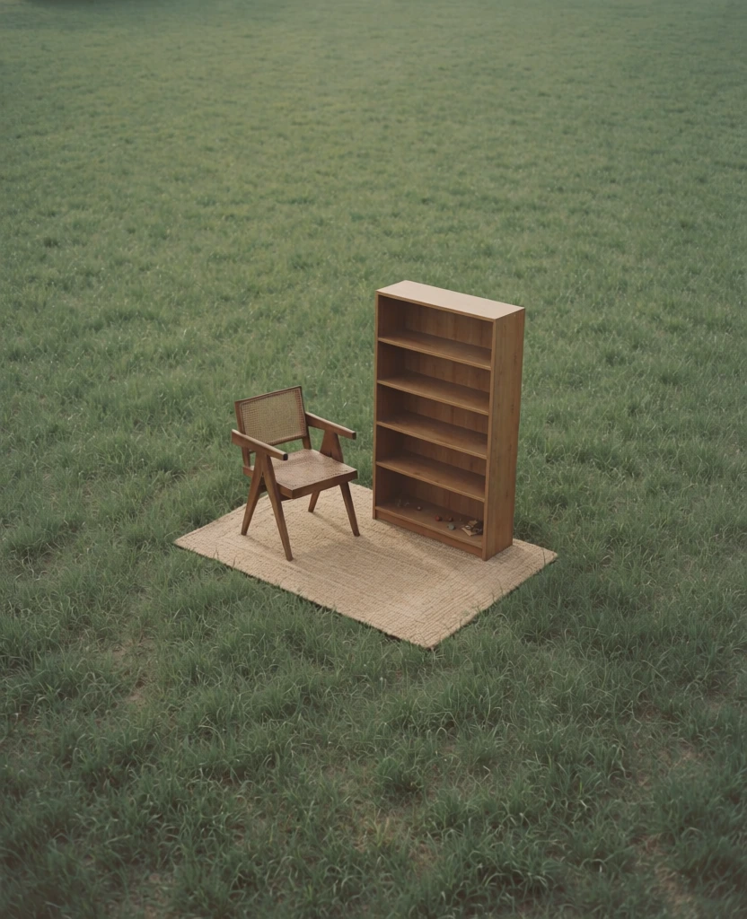high-angle wide shot looking down at a small rectangular woven rug centered in a vast uniform green meadow, a simple mid-century wooden chair sits on the rug beside a tall minimalist wooden bookcase, soft diffused overcast lighting, even illumination with no harsh shadows, muted natural color palette, sharp focus, clean composition with extreme negative space, matte textures, surreal isolation, liminal space aesthetic, tranquil lonely atmosphere, fine film grain, precise rendering quality.