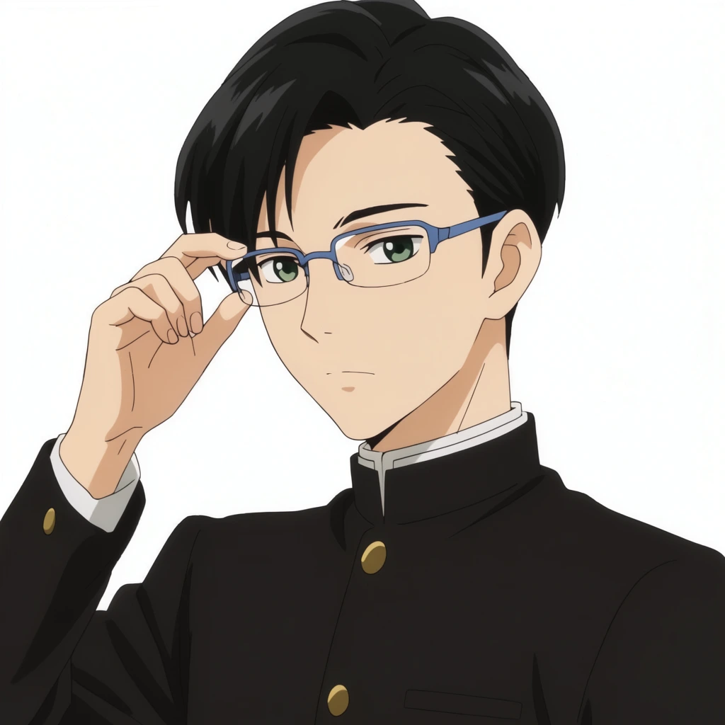 A 2D anime-style illustration features a young man with black hair adjusting his glasses against a stark white background. The slender youth has green eyes and neat black hair swept to one side. He wears a traditional black uniform jacket with a stiff collar, a white inner rim, and round gold buttons. His right hand is raised, with fingers delicately resting on the thin blue frames of his rectangular glasses. His expression is calm and neutral. The artwork utilizes classic cel-shaded animation techniques with clean line art, flat matte colors, and subtle soft shading, emphasizing a crisp character design aesthetic.