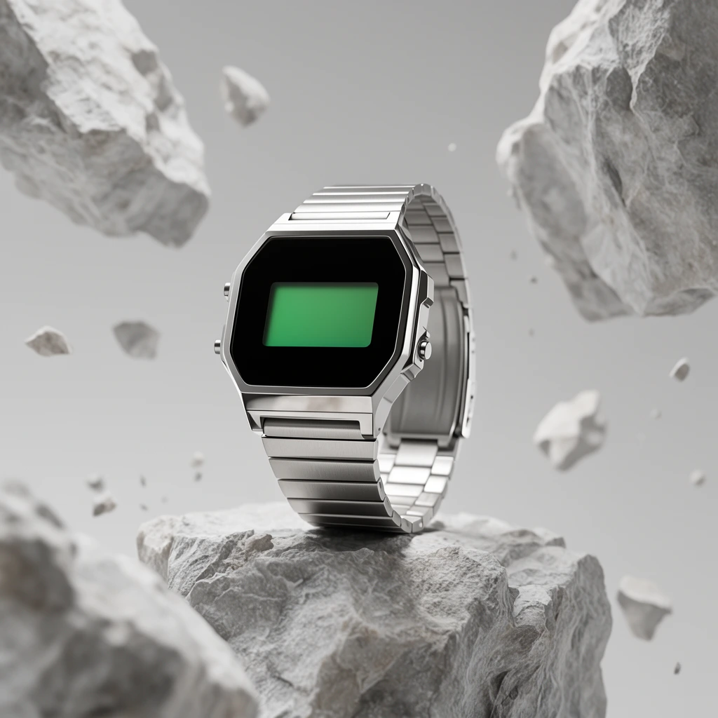 Silver metal digital wristwatch with metallic linked band, resting on a central jagged gray stone, surrounded by floating rough pale gray rocks, soft minimalist gray background, glowing green rectangular screen, surreal anti-gravity composition, monochromatic palette, sharp central focus, blurred flying debris, crisp stone textures, commercial studio lighting