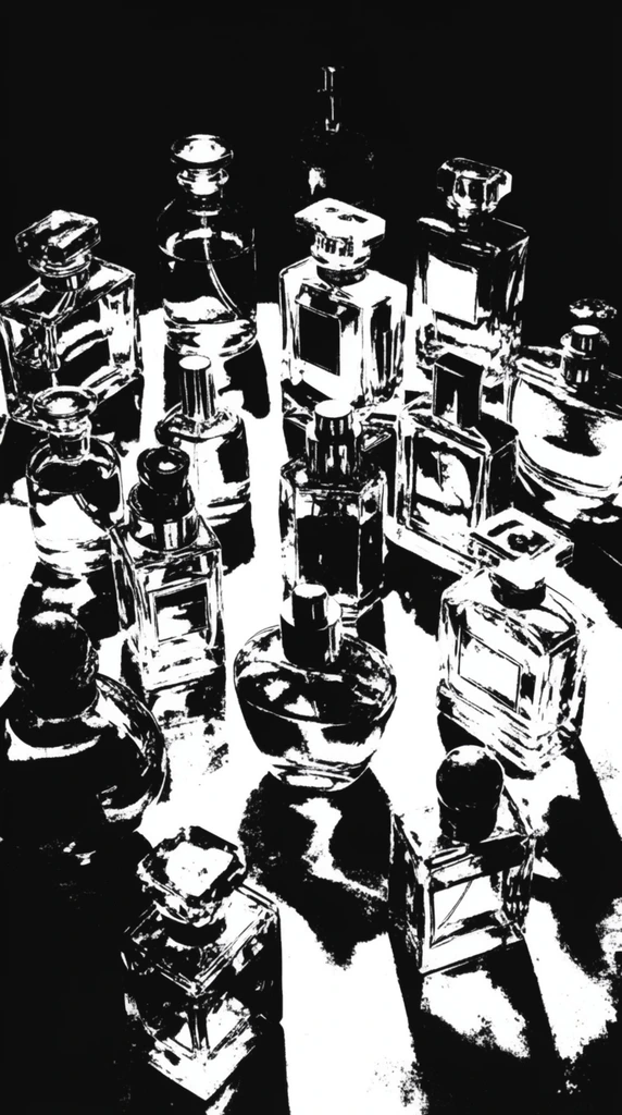 A stark, extreme high-contrast black-and-white graphic depiction of roughly fifteen perfume bottles of various shapes scattered across a flat surface. The diverse silhouettes of the bottles, featuring sharp geometric prisms, ornate stoppers, and smooth bulbous curves, are rendered using a severe threshold effect composed entirely of pure white highlights and solid black areas. Intense directional lighting strikes the collection, rendering the illuminated glass facets and sections of the flat plane in blinding, solid white. The surrounding environment and heavily shadowed portions of the bottles merge completely into a deep, pitch-black background. The boundary lines separating the stark white from the deep black exhibit a rough, jagged texture, resembling a raw stencil, linocut block print, or heavily inked stamp. The refractive surfaces of the varied bottles appear as bold, fragmented graphic patches of pure monochrome, anchoring the complex array of scattered vessels within the dramatic, high-impact composition.