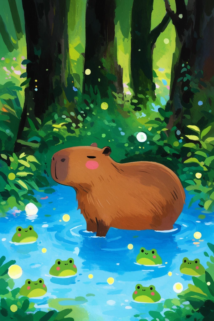 A brown capybara with pink cheeks wades in a bright blue pond surrounded by small green frogs. Dark tree trunks, draped greenery, and floating glowing orbs fill the lush forest setting. Rendered as a vibrant gouache illustration with painterly brushstrokes.