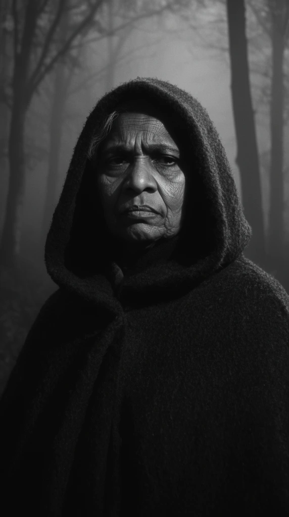 A cinematic black and white portrait of an older South Asian woman in a dark heavy wool cloak standing in a foggy forest. High contrast chiaroscuro lighting highlights deep wrinkles and a stoic expression. A thick hood shadows her eyes. Thick mist and silhouetted tree trunks fill the background in a classic film noir style.