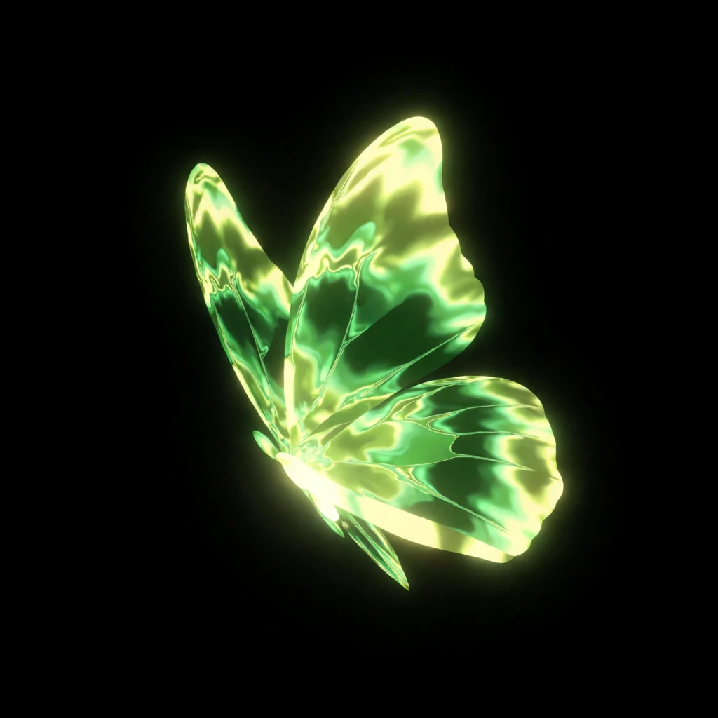 A glowing, abstract butterfly rendered in shades of neon green and pale yellow appears to be in flight against a stark, pitch-black background. The butterfly is the sole subject, positioned centrally and oriented diagonally toward the top left. Its wings exhibit a fluid, shimmering quality with internal patterns resembling liquid light or swirling plasma. The coloration transitions from a deep, saturated emerald green in the denser areas to a brilliant, pale chartreuse along the highlights and edges. The wing structure is divided into visible segments, with the top wing being larger and more prominent, while the bottom wing is smaller and more rounded. The body of the butterfly is less defined, appearing as a bright point of concentrated light from which the wings emerge. There is no environmental detail; the entire background is a uniform, dark black, which emphasizes the luminescence and vibrant color of the subject. This digital artwork is characterized by high contrast and a glow effect, where the lighting originates from within the butterfly itself, creating a soft bloom around its edges. The texture within the wings is organic and distorted, similar to the appearance of light reflecting off moving water. The composition is minimalist, focusing entirely on the radiant, ethereal form of the insect.