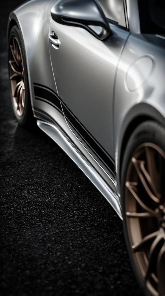 A close-up side profile of a silver sports car on dark asphalt. The vehicle features a sleek metallic finish, prominent wheel arches, and bronze multi-spoke alloy wheels. A thick black graphic stripe runs along the lower door panel above sculpted side skirts. A circular cap sits near the front wheel. The coarse, dark ground provides stark contrast to the smooth bodywork. Shot with a shallow depth of field, sharp focus highlights the central panel while the wheels softly blur. Dramatic lighting accentuates the car's aerodynamic curves and reflective surface in a high-contrast composition.