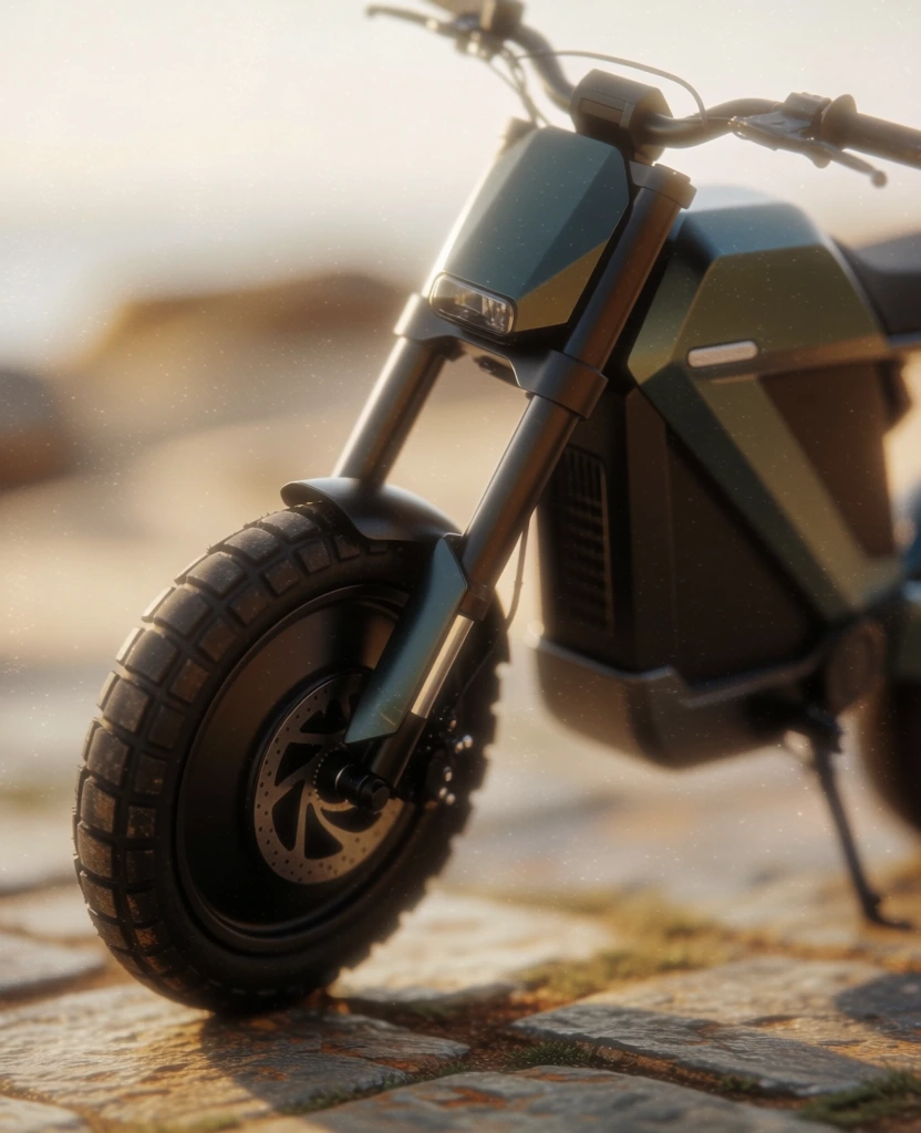 cinematic close-up of an electric motorcycle with rugged knobby tires on weathered stone pavement, dreamy ethereal aesthetic, heavy film grain texture, soft diffused golden hour glow, warm yellow and hazy cream highlights, blurred macro depth of field, soft-focus edges, minimalist white sans-serif typography with a circular icon centered, vintage rounded black frame, nostalgic atmospheric mood, grainy stippled finish, warm palette of ochre and soft amber tones.
