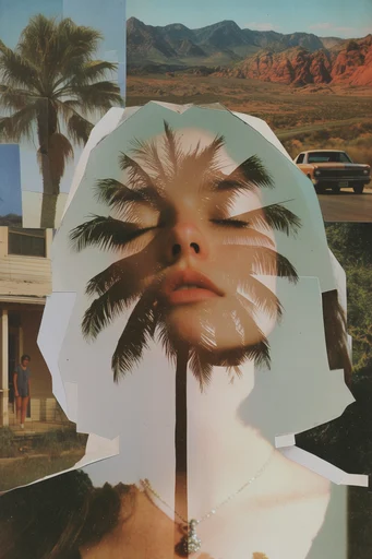Nostalgic Surrealist Collage style reference image — halftone grain