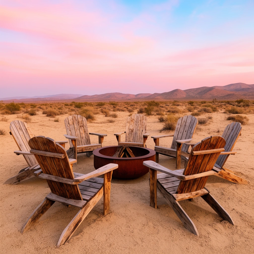 circular arrangement of rustic wooden Adirondack chairs, central rusty metal fire pit, sandy desert landscape, sparse scrub brush, distant hills, pastel pink and blue sunset sky, warm golden hour lighting