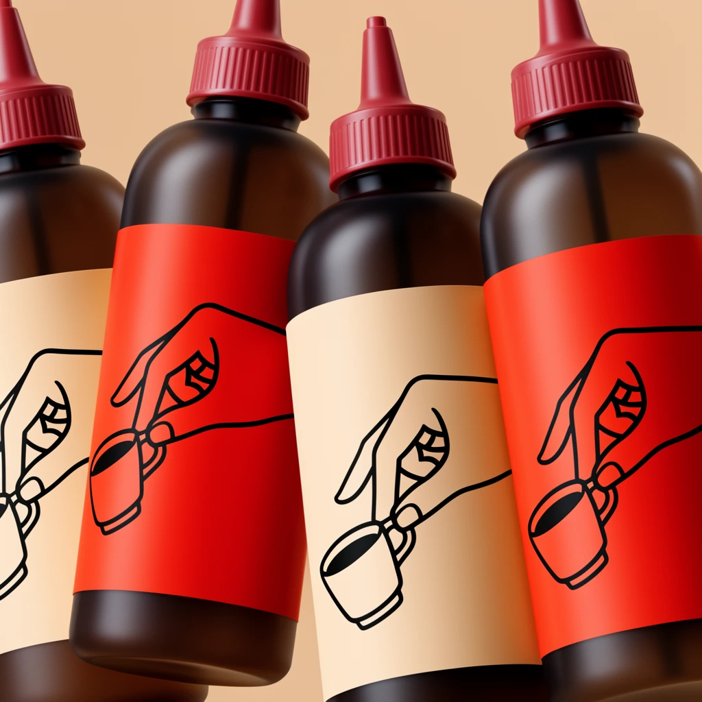 Four dark brown, semi-translucent plastic squeeze bottles with ribbed crimson dispensing caps lean diagonally in a staggered, tightly cropped arrangement against a warm beige backdrop. The cylindrical bottles feature wide, wraparound matte labels in alternating colors of soft cream and vibrant red. A bold, minimalist black line-art illustration of a hand daintily pinching a small espresso cup is printed on each label. Diffused studio lighting casts smooth, curved vertical highlights across the dark plastic and label surfaces, emphasizing their sleek, rounded forms. The dynamic, tilted composition creates a strong rhythmic pattern of contrasting warm tones and graphic silhouettes.