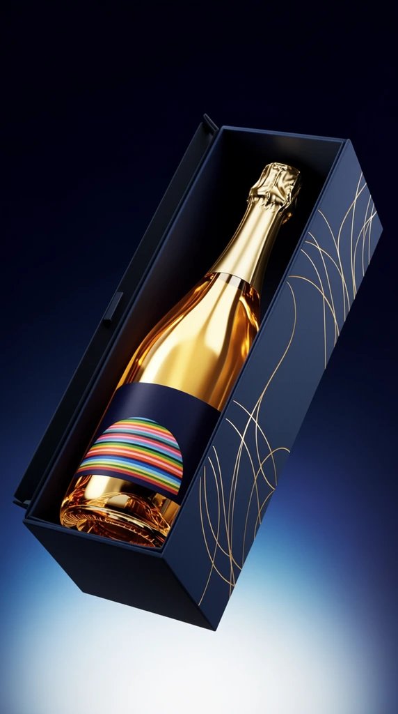 floating open navy blue presentation box containing a gold champagne bottle, tilted diagonally, glowing amber glass with shiny gold foil neck, dark navy label featuring a horizontal rainbow striped semi-circle, matte box decorated with thin gold swirling lines, studio product shot, dramatic lighting with glossy reflections, smooth gradient background transitioning from deep midnight blue to a bright icy blue glow, photorealistic 3D render, luxurious aesthetic