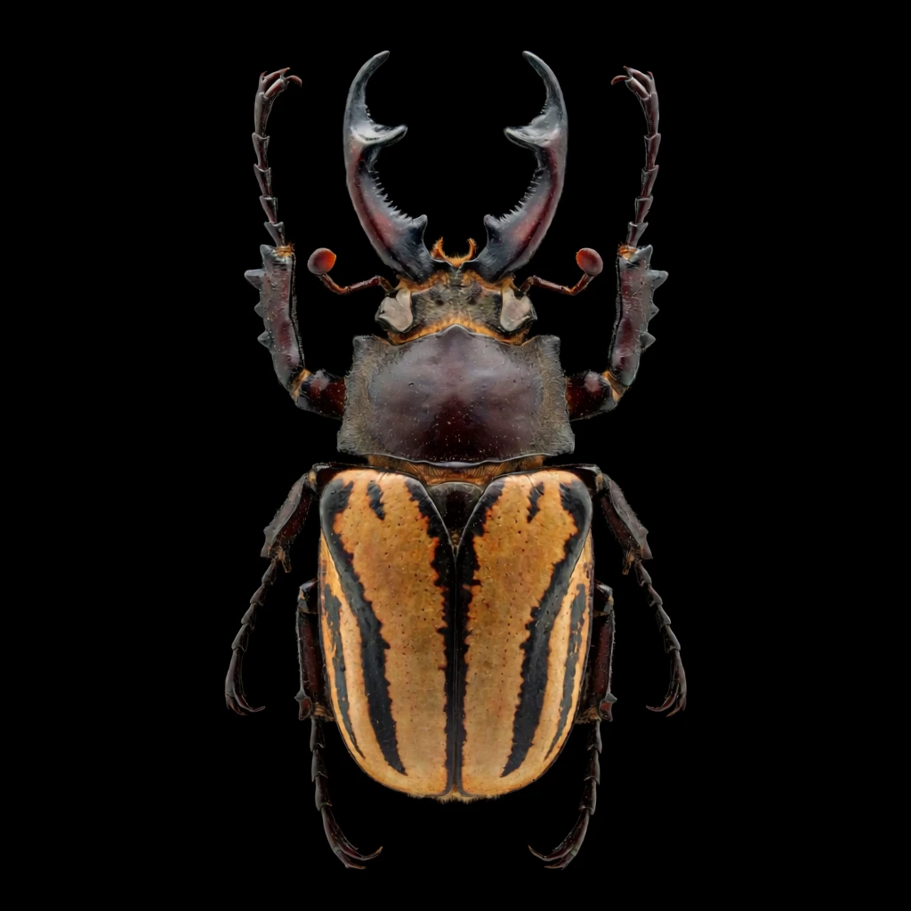 A hyper-detailed top-down macro shot of a large beetle on a black background. It features massive toothed mandibles, a spiky dark thorax, and orange-tan wing cases with jagged black stripes. Studio lighting highlights its intricate exoskeleton.