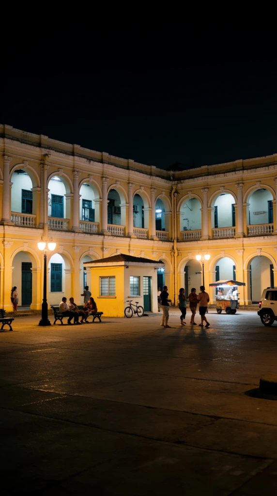 wide cinematic shot of a nighttime courtyard, large two-story pale yellow colonial building with repetitive arched walkways and ornate columns, warm street lights contrasting with cool interior illumination, small security booth, people strolling and conversing, group chatting near a bench, bicycle leaning against the yellow wall, small food cart to the right, partial white SUV on the right edge, deep focus, realistic architectural photography