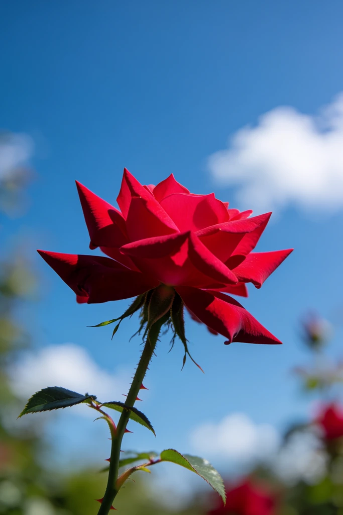 A vibrant crimson rose in full bloom commands the center of the frame, captured from a low angle against a vivid blue sky dotted with soft white clouds. The flower features sharply pointed petals illuminated by bright, direct sunlight, creating deep red shadows within the blossom. A slender green stem covered in tiny thorns extends downwards, bearing a few serrated leaves and visible green sepals at the base of the flower. A shallow depth of field isolates the main subject, rendering the background into a smooth blur. Faint, out-of-focus greenery and hints of secondary red blooms frame the lower edges of the composition, highlighting the sharp clarity of the solitary central rose under clear daylight conditions.