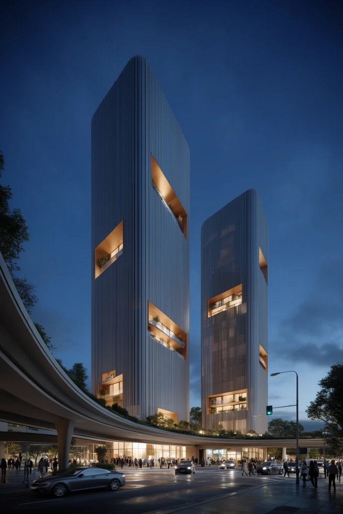 modern high-rise towers at dusk, vertical pinstripe facades, warm glowing cut-out balconies, sweeping curved overpass, bustling street level, deep blue twilight sky, photorealistic 3D render
