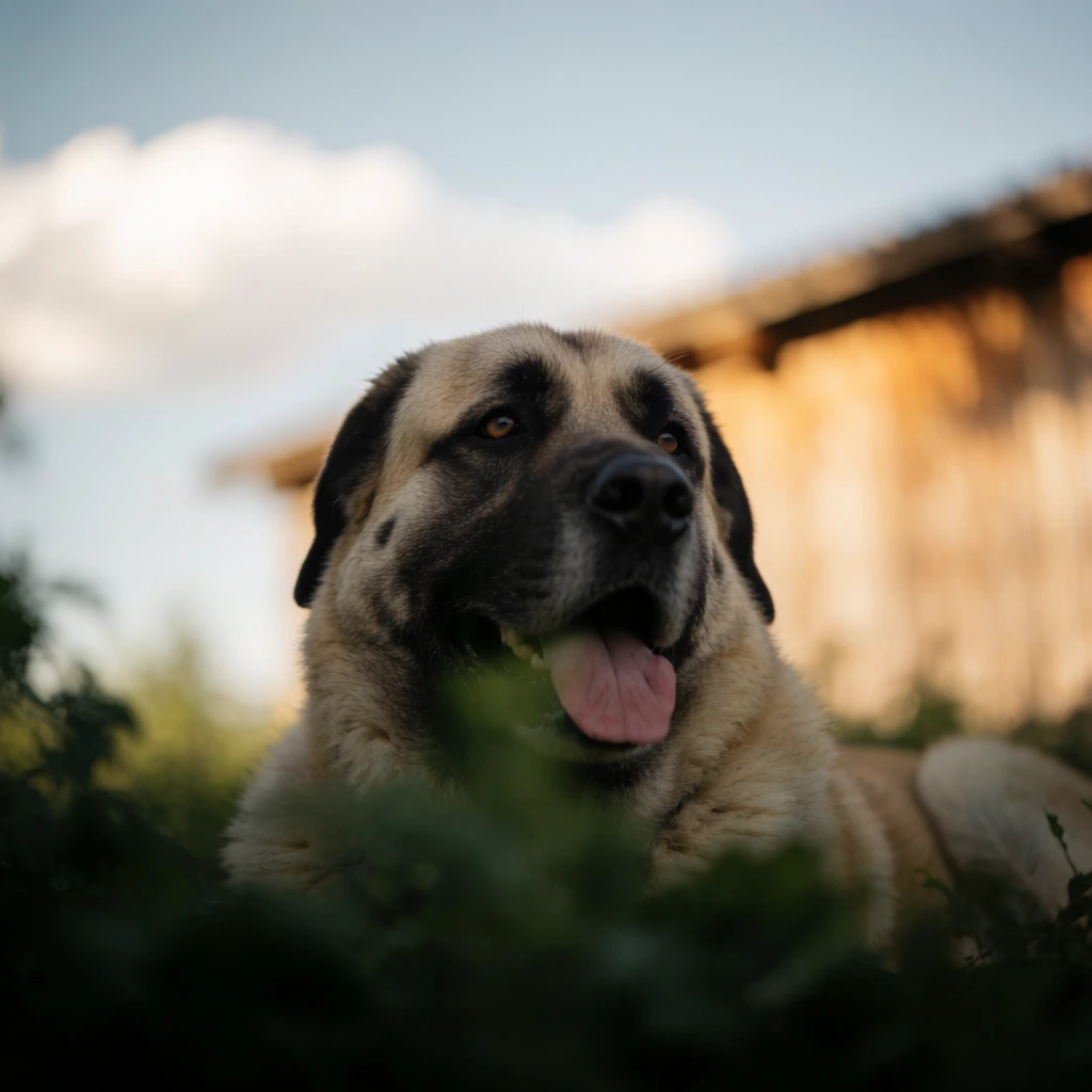 close-up low angle portrait of a large dog with a thick tan coat and dark black facial mask, panting with pink tongue exposed, gazing right, partially obscured by dark out-of-focus green foliage in the immediate foreground, heavily blurred background featuring a wooden structure bathed in warm sunlight, soft pale blue sky with fluffy white clouds, shallow depth of field, sharp focus on the dog's eyes, cinematic natural lighting, earthy tones