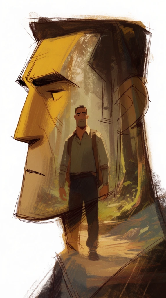 A double exposure featuring a large, stylized profile of a man overlaid with an internal scene of a smaller man standing on a forest path. The prominent facial profile exhibits exaggerated, blocky proportions and a strong, angular silhouette. The internal forest landscape integrates directly into the larger facial contours. The artwork is a 2D digital concept illustration featuring rough, expressive dry brush strokes and painterly textures. Loose, multi-layered, dark sketchy linework defines the edges and structural forms of both the figures and the trees. The color palette utilizes warm earth tones, emphasizing mustard yellow, deep browns, and muted natural hues. Painterly shading combines soft gradients with visible, hatched sketch marks. The illustrated elements have rough, textured borders that blend into a stark, pure white background.
