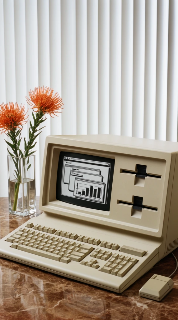 A vintage 1980s beige personal computer rests on a polished brown marble surface beside a clear square glass vase holding two vibrant orange spiky flowers. The bulky all-in-one desktop unit features a screen displaying a monochrome graphical interface with overlapping windows and a bar chart, flanked on the right by two horizontal floppy disk slots. A thick mechanical keyboard sits in the foreground next to a blocky rectangular mouse. Behind the setup, white vertical blinds create a rhythmic, striped backdrop of soft light and shadow. The composition utilizes diffused studio lighting characteristic of classic corporate photography, emphasizing clean lines and a warm, nostalgic color palette.