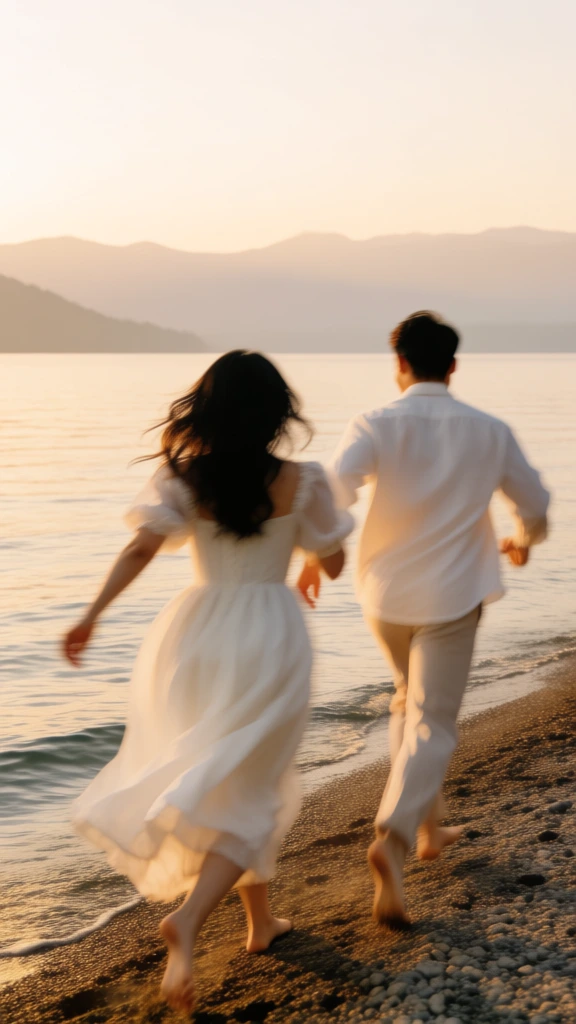 A romantic, dreamlike scene shows a couple from behind running barefoot along a pebbly lakeshore at sunset, the woman in a flowing white dress and the man in light trousers and a white shirt, both blurred slightly by motion as they head toward calm water and hazy mountains. Photography, candid fine-art elopement portrait, cinematic lifestyle imagery, soft-focus realism, editorial wedding style, dreamy, windswept, intimate, nostalgic, warm, airy yet earthy, medium visual complexity, visually adjacent to Jose Villa, Erich McVey, KT Merry, pastel earth tones, blush pink, peach, beige, ivory, muted brown, smoky blue-gray, golden dusk light, low contrast, gentle highlights, soft shadows, backlit glow, shallow-to-moderate depth of field, intentional motion blur, likely handheld, slow shutter, slight subject smear, no visible digital artifacts. In the foreground and occupying most of the lower half of the frame is a dark brown and tan pebble beach scattered with smooth pale stones, stretching diagonally from bottom left to bottom right. Starting at lower left-center and dominating the left half is the woman, seen from behind, mid-stride, her left foot near the bottom edge and her body angled slightly right toward the water. She has long wavy brown hair blown leftward by the wind, decorated across the back of her head with a delicate crown or clip of small yellow flowers and greenery. Her dress is off-white and gauzy, with lace texture, a deep low open back, thin shoulder straps, a tied waist detail at center back, and a loose skirt she gathers in her left hand so the fabric lifts and ripples. To her right, centered-right in the frame, the man runs slightly ahead, also seen from behind, his figure more blurred. He wears a loose white long-sleeve shirt, light beige trousers, and dark suspenders; his right leg lifts behind him and his bare feet kick up from the shore. Across the middle of the image lies calm water with soft horizontal ripples reflecting peach light. Beyond it, low layered mountains fade into the distance in bluish-gray haze. The upper half is a vast open sky, softly glowing in pale pink and apricot tones with a few low blurred clouds near the horizon, enhancing the serene, cinematic sunset mood.