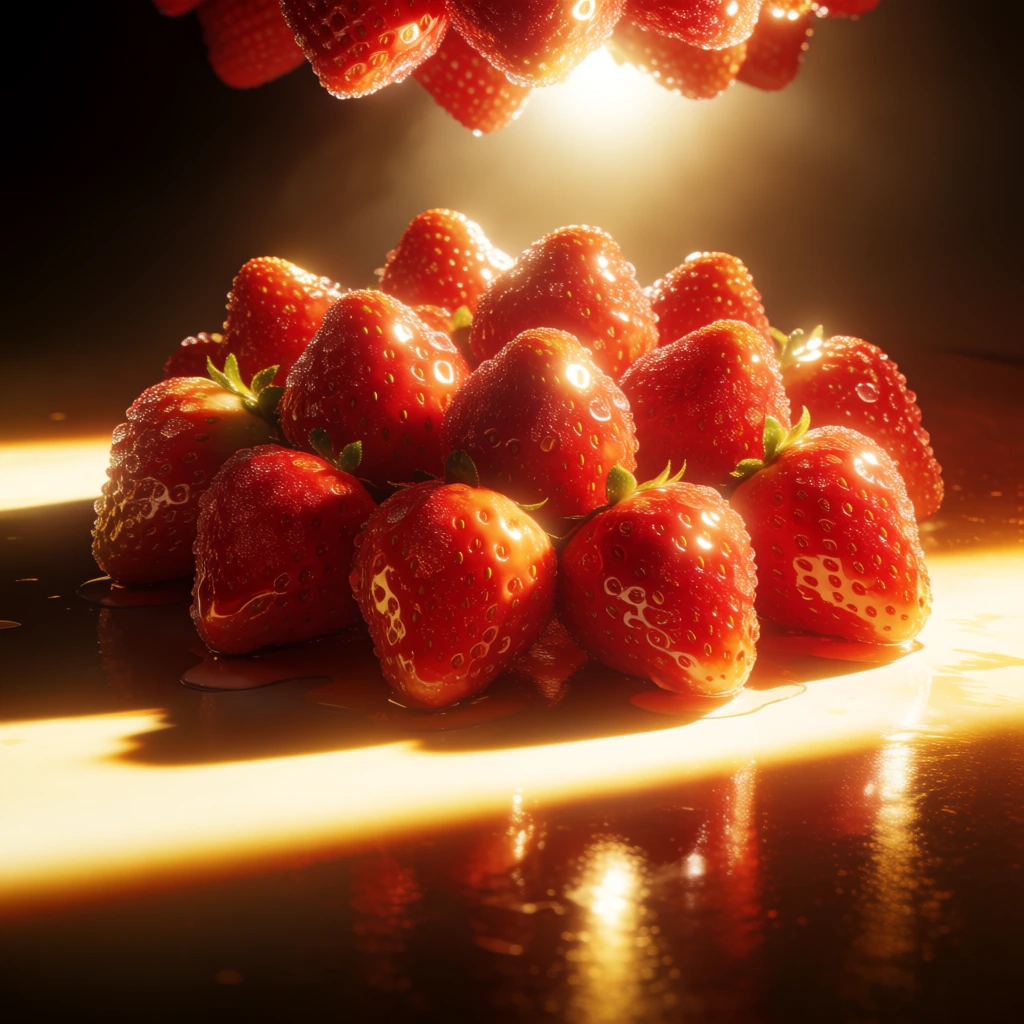 macro cluster of ripe strawberries glistening with micro-droplets, resting on a dark polished surface reflecting a harsh horizontal band of golden light, punctuated by intense backlighting creating a luminous halo, high-signal chromatic contrast between honeyed amber and deep midnight-blue shadows, heavy bloom, soft-focus ethereal glow, tactile condensation streaks and dust motes in directional light shafts, painterly atmospheric depth, cinematic low-angle framing, rich saturated reds
