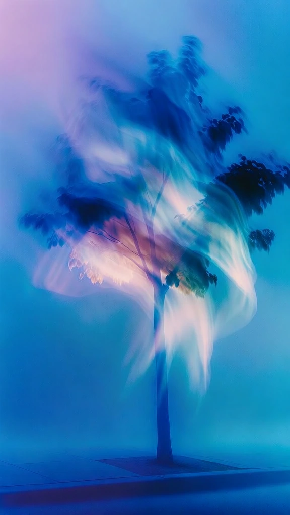 ethereal long exposure study of a tree with full leaves on a city sidewalk, captured with cinematic vibrational motion blur creating ghostly translucent light trails, vibrant cyan and cobalt blue color palette with soft violet highlights, atmospheric haze with an internal glow, fluid dreamlike aesthetic featuring soft focus edges and ethereal smearing, minimalist monochromatic background, high-concept photography style, diffused ephemeral lighting, surreal and spectral quality