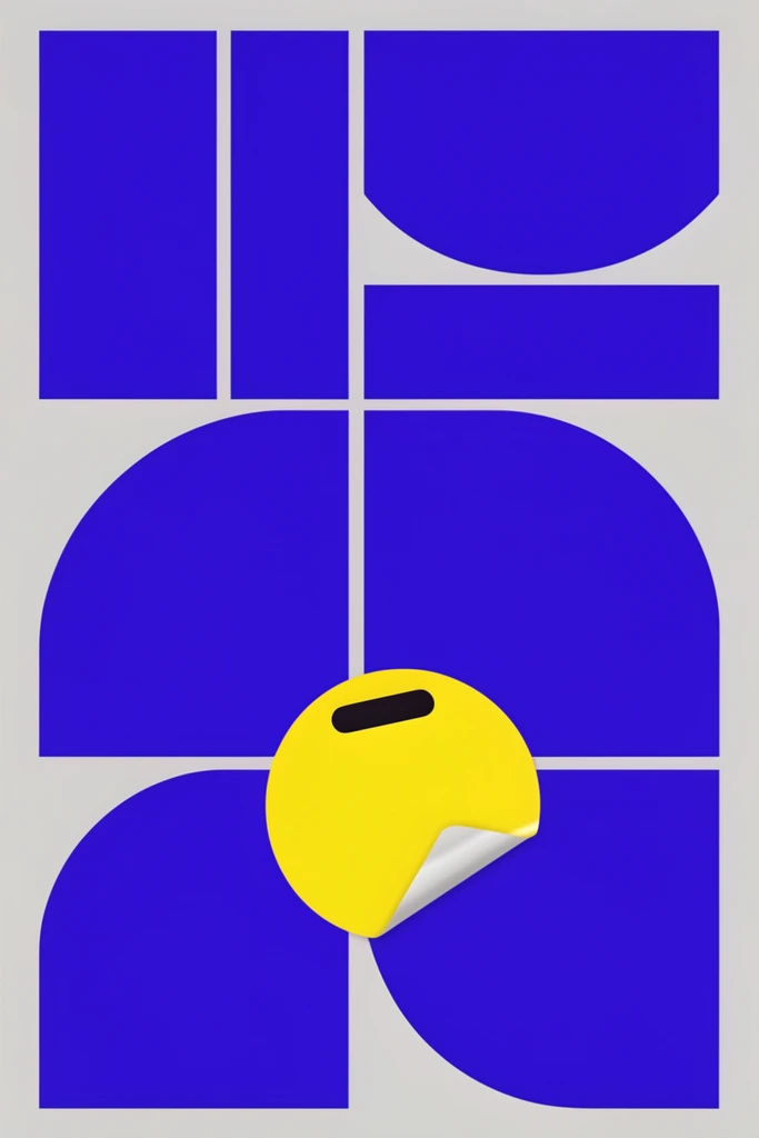 massive ultramarine blue geometric blocks, thick intersecting lines and large solid blue curves densely filling the frame, flat light gray background, crisp sharp edges, bright yellow circular sticker in the lower center, peeling bottom right corner revealing a pale underside, small black pill-shaped cutout at the top edge of the yellow circle, flat vector graphic design, minimalist poster layout, bold primary colors, stark contrast