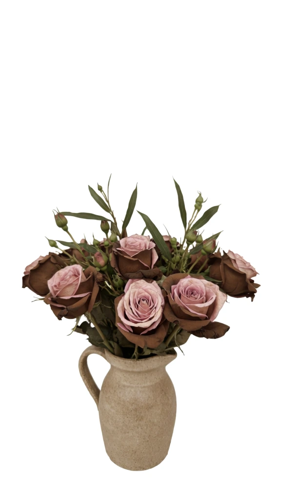 bouquet of roses in a ceramic pitcher, isolated on a stark white background, commercial product photography style, flat studio lighting, muted earth tone palette, dusty pink and deep brown rose petals, rustic beige ceramic texture, 90s indie grunge aesthetic, clean minimalist composition, sharp focus, fine detail on petals and leaves, slight grain, high contrast, e-commerce catalog look, raw edges, understated and moody color grading, monochromatic tan and brown accents.