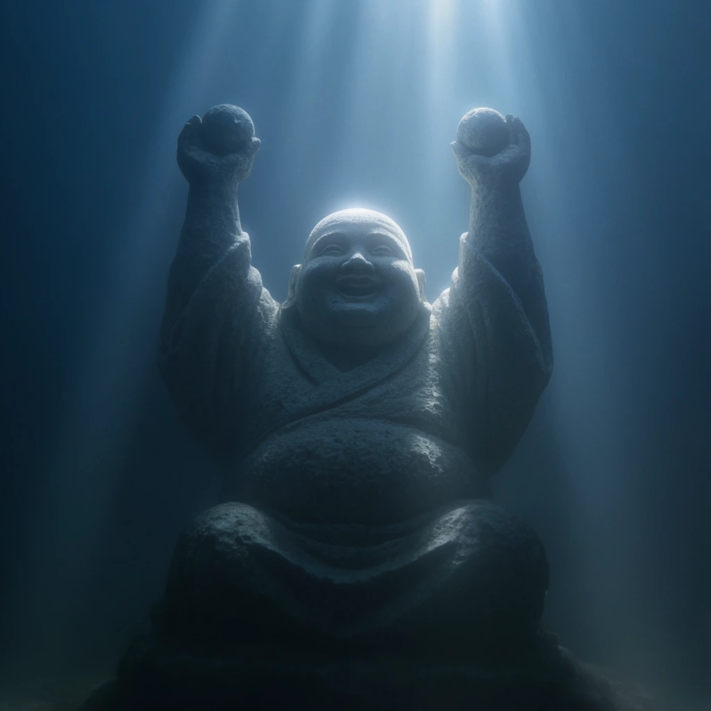 A carved stone statue of a joyful, rotund monk with raised arms sits submerged in deep, murky water illuminated by a single shaft of downward light. The bald figure wears draped robes and stretches both hands straight up, holding small spherical objects. Its rough, porous texture catches the bright overhead illumination, creating a glowing halo effect on its head and palms while the lower body fades into bottomless shadow. The cinematic underwater scene features a monochromatic deep blue palette with volumetric light rays piercing the hazy fluid, producing a soft, diffuse atmosphere.