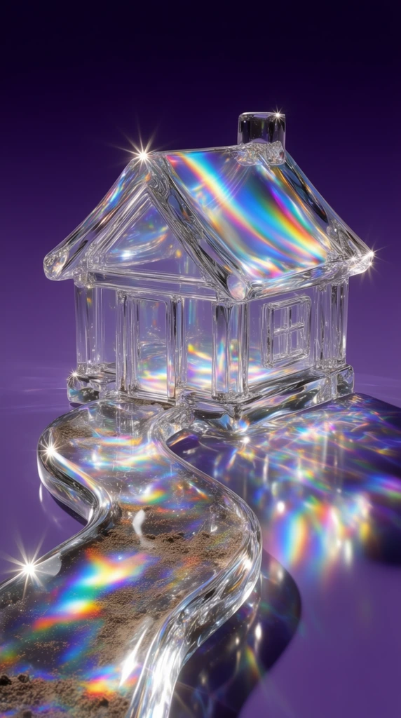 A pristine, transparent crystal cottage with structural lines mimicking wooden architecture, situated at the end of a highly polished, undulating clear glass path sculpted with dirt-like textures, set against a seamless deep violet studio background. Vivid iridescent rainbow caustics and intense chromatic dispersion—featuring sweeping streaks of neon cyan, magenta, yellow, and green—flow through the flawless, refractive structures. Brilliant four-point starburst lens flares radiate from the sharpest specular highlights on the edges of the cottage roof and the winding path. The transparent scene rests on a glossy, reflective purple floor that seamlessly blends into the deep backdrop. Luminous, intricate pools of multicolored prismatic light and sharp reflections gather on the surface beneath the structures, showcasing a surreal, high-end 3D CGI studio aesthetic with pristine lighting and crisp central focus.