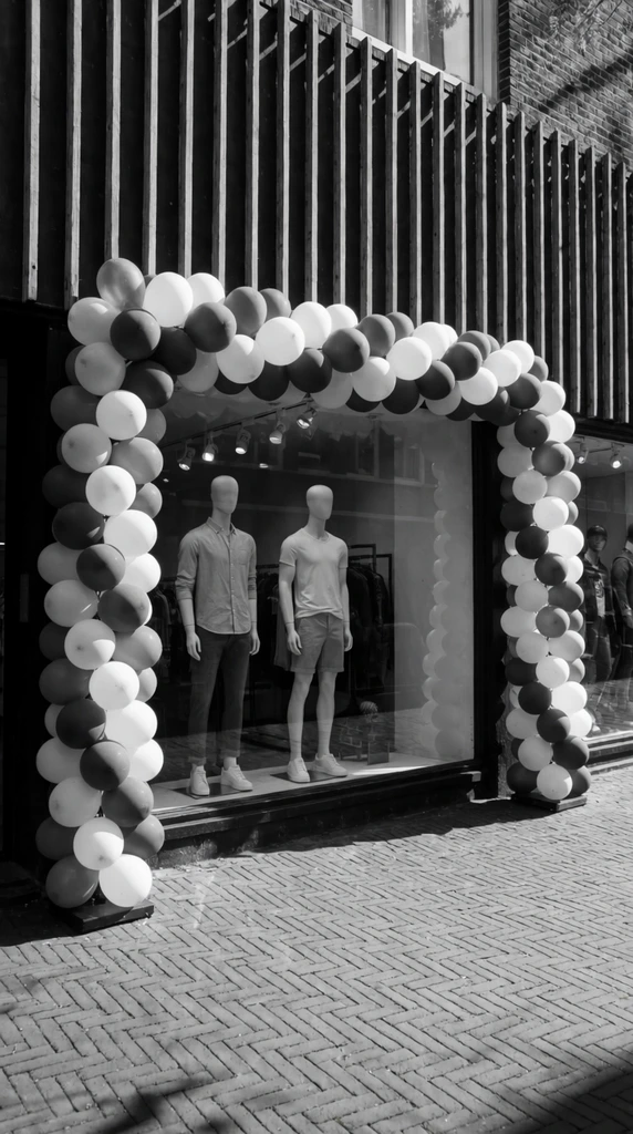 black and white photography of a storefront entrance framed by a contrasting balloon arch, window display with two male mannequins in casual attire, herringbone brick sidewalk, vertical facade slats casting sharp diagonal shadows, high contrast sunlight