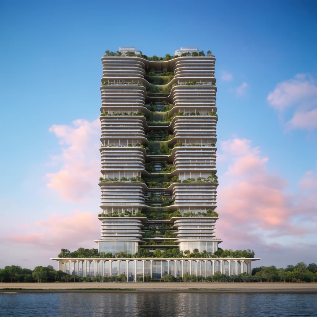 towering multi-tiered skyscraper, stacked horizontal balconies, integrated lush green terraces, wide glass base with arched colonnades, flat riverbank foreground, bright blue sky, soft pink clouds, photorealistic architectural visualization