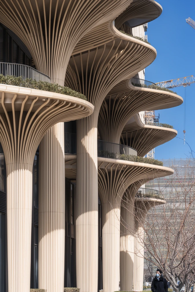 Massive biomimetic architectural columns of tightly spaced, light-toned vertical slats dominate a modern building facade. The ribbed pillars rise and flare outward into wide, trumpet-like capitals, supporting overlapping, curved balconies lined with small green shrubs. Dark glass windows and metal railings sit behind the wooden lattice. Brilliant sunlight casts sharp, angular shadows across the fluted columns, highlighting their deep texture. A clear blue sky serves as the backdrop alongside distant construction scaffolding and a towering crane. Bare tree branches on the lower right partially obscure a pedestrian wearing a dark jacket and face mask.