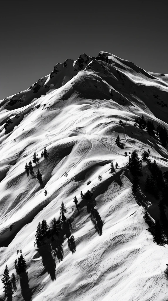 A high-contrast black and white photograph of a rugged, snow-covered mountain peak against a stark sky. Undulating slopes feature wind-sculpted textures and subtle winding tracks. Scattered dark evergreen trees cling to steep ridges, casting long, inky shadows across brilliant white snow. Harsh, direct lighting creates a dramatic, graphic interplay of sharp highlights and deep shadows, emphasizing the sheer verticality of the stark alpine terrain.