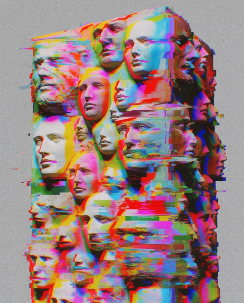 A tall rectangular block covered in numerous sculpted human faces protruding from its surfaces, heavily fractured by intense digital glitch art effects and extreme color channel separation. The sculpted faces populate the front plane and wrap around the visible side, encompassing complete visages alongside partial features like isolated eyes, noses, and mouths emerging from the structure in varying sizes and expressions. Extreme chromatic aberration distorts the sculpted forms, splitting their edges into luminous, overlapping smears of neon magenta, vivid cyan, bright yellow, intense red, and lime green. Aggressive horizontal pixel displacement, databending artifacts, and blocky digital tearing slice laterally through the facial features, dragging vibrant streaks of synthetic color into the surrounding space. The vivid, corrupted structure contrasts against a flat, neutral light gray background. A dense layer of coarse digital noise and heavy grain permeates the entire composition, mimicking a degraded analog video signal or a corrupted digital display with brilliantly glowing, shifting color bleeds.
