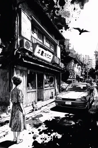 Cinematic Monochrome Noir style reference image — high-contrast monochrome manga