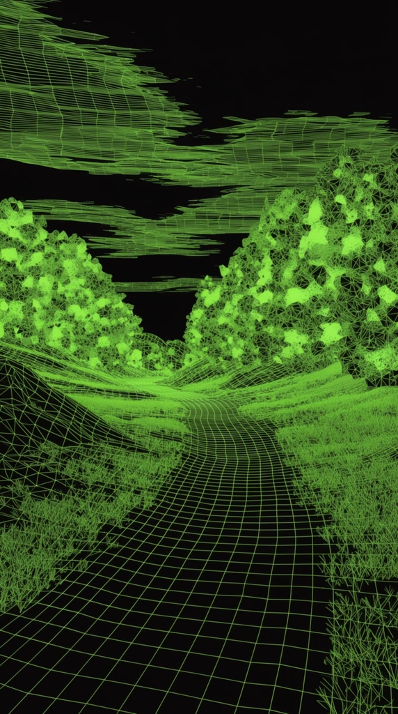 A winding path stretches through a grassy landscape flanked by wooded hills beneath a sky with horizontal clouds, rendered entirely as a luminous neon green 3D wireframe mesh against a pure black background. Intersecting topographical grid lines define the curving recession of the central path and the undulating elevation of the surrounding ground. Dense clusters of glowing green geometric polygons map the volume of the flanking trees, creating bright, concentrated nodes of interlocking vector lines. Above, the clouds take form through stretched, parallel wireframe strata mapped across the upper expanse. The composition consists exclusively of structural edges and contoured topology lines, utilizing the high-contrast, emissive fluorescent green digital matrix to build depth, perspective, and form within the pitch-black space.
