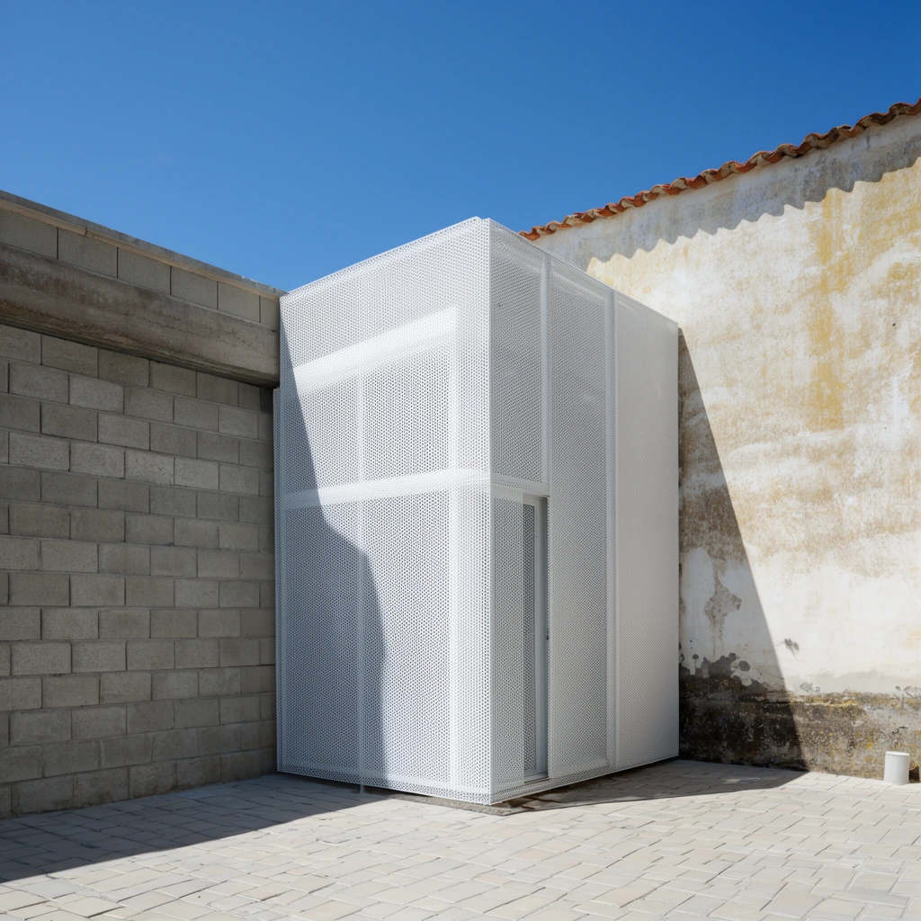 white perforated metal architectural volume attached to concrete block building, weathered stucco wall, paved courtyard, sharp shadows, clear blue sky