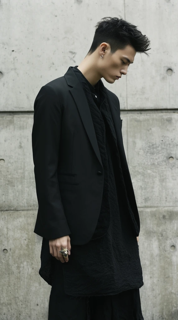 young man in profile view looking downward, wearing an avant-garde layered black outfit, matte black tailored blazer over a long textured black tunic, dark hair styled upwards, sharp jawline, small silver hoop earring, statement ring on index finger, standing against a raw light gray concrete wall, brutalist background with horizontal seam lines and circular tie-rod holes, fashion editorial photography, medium shot, natural diffused daylight, minimalist aesthetic, moody atmosphere, high contrast between dark silhouette and textured background