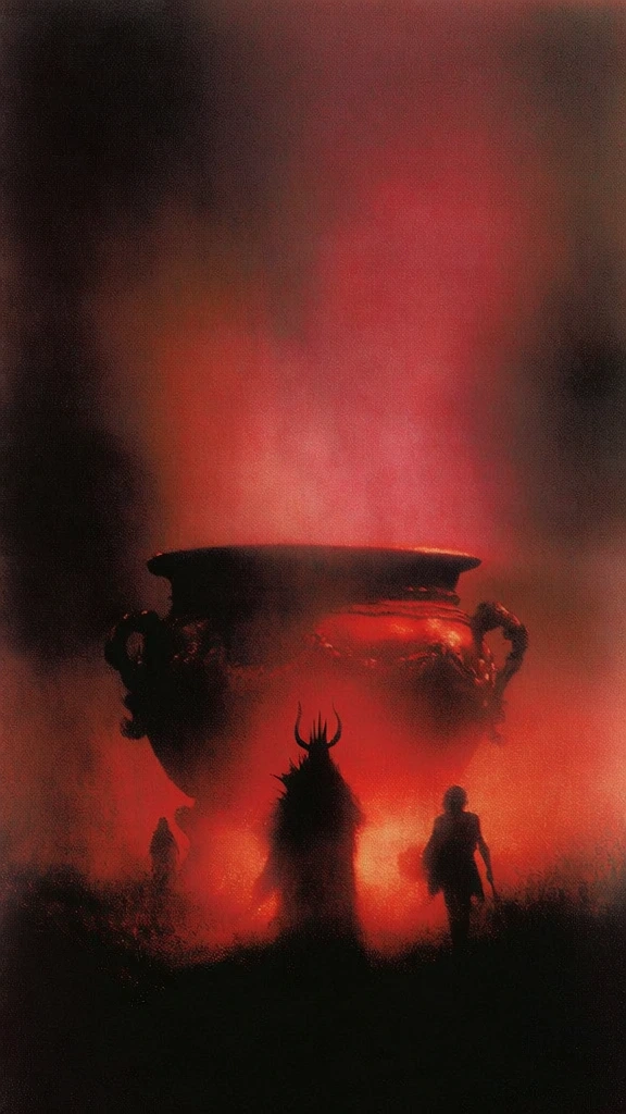 cinematic movie poster for the black cauldron, large ornate cauldron centered, silhouetted character archetypes including the horned king and taran, monochromatic deep crimson and pitch black, extreme film grain, crushed blacks, high-contrast chiaroscuro, lo-fi analog distortion, saturated red glow, misty ethereal haze, gritty textures, minimalist silhouette composition, haunting atmospheric mood, soft-focus bleeding light.