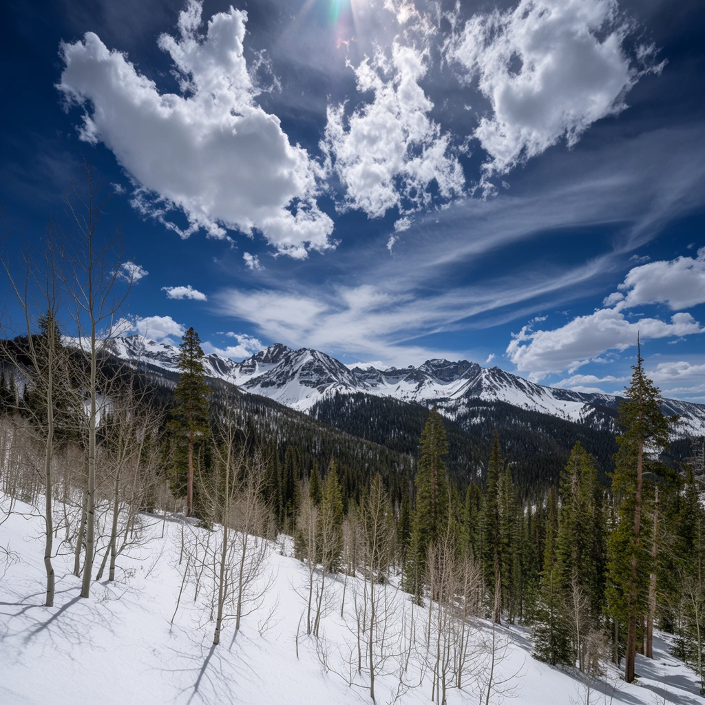 expansive winter alpine landscape, majestic snow-capped mountain range with rugged dark ridges, dense evergreen forest blanketing midground slopes, sloped pristine snowfield in the foreground, bare slender aspen trees casting sharp shadows, scattered tall pine trees, vast deep blue sky dominating the upper frame, textured cumulus clouds and stretched wispy formations, radiant sun glare piercing top center clouds, vertical wide-angle photography, crisp natural daylight