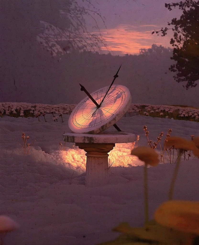 a single weathered stone sundial on a classical pedestal centered in a lush garden, dense layers of soft-focused flowers and dark silhouettes of trees, bathed in the ethereal glow of a deep purple and golden orange sunset, moody liminal atmosphere, heavy film grain, lo-fi vintage aesthetic, dusty amethyst shadows contrasting with warm amber highlights, soft focus on the peripheral foliage, nostalgic 35mm film texture, dreamlike and surreal lighting, muted saturation.