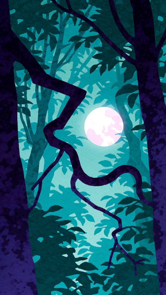 A vertical, stylized illustration depicts a dense forest layered in shades of teal and dark purple, framed by silhouetted trees with a large, bright moon glowing near the center. In the immediate foreground, two thick, dark purple tree trunks flank the left and right edges, their surfaces displaying a mottled, grainy texture. A prominent, contorted branch with several sharp bends snakes from the upper left across the frame, dipping down before curving back toward the right side. Behind these primary forms, multiple layers of foliage in varying shades of teal, turquoise, and cyan overlap, creating a dense, three-dimensional effect through flat planes of color. A perfectly round, bright white moon is positioned slightly right of the center, its glow tinted with a soft, pale pink hue that illuminates the surrounding leaf silhouettes. The entire scene is rendered in a graphic, layered style reminiscent of a screen print or woodblock print, featuring a visible paper-like texture across all elements. The perspective is a low-angle view looking upward into the canopy, with the lighting provided entirely by the moon, which casts the foreground elements into deep indigo and purple silhouettes against a luminous, cool-toned sky. The composition uses the dark trees on the periphery to frame the central celestial body, while the winding central branch provides a dynamic, organic focal point that connects the foreground and background layers.